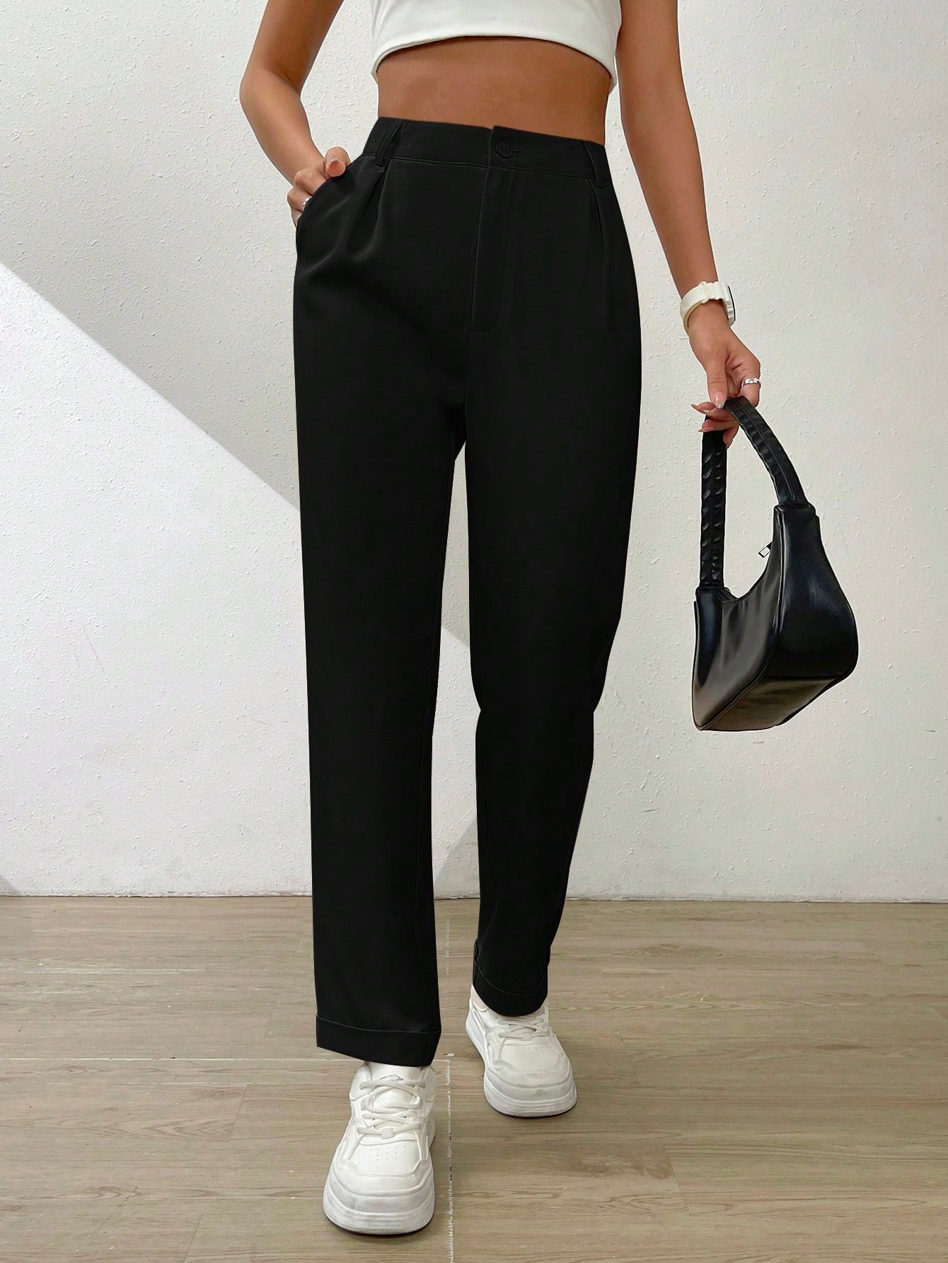 Solid Fold Pleated Slant Pocket Pants