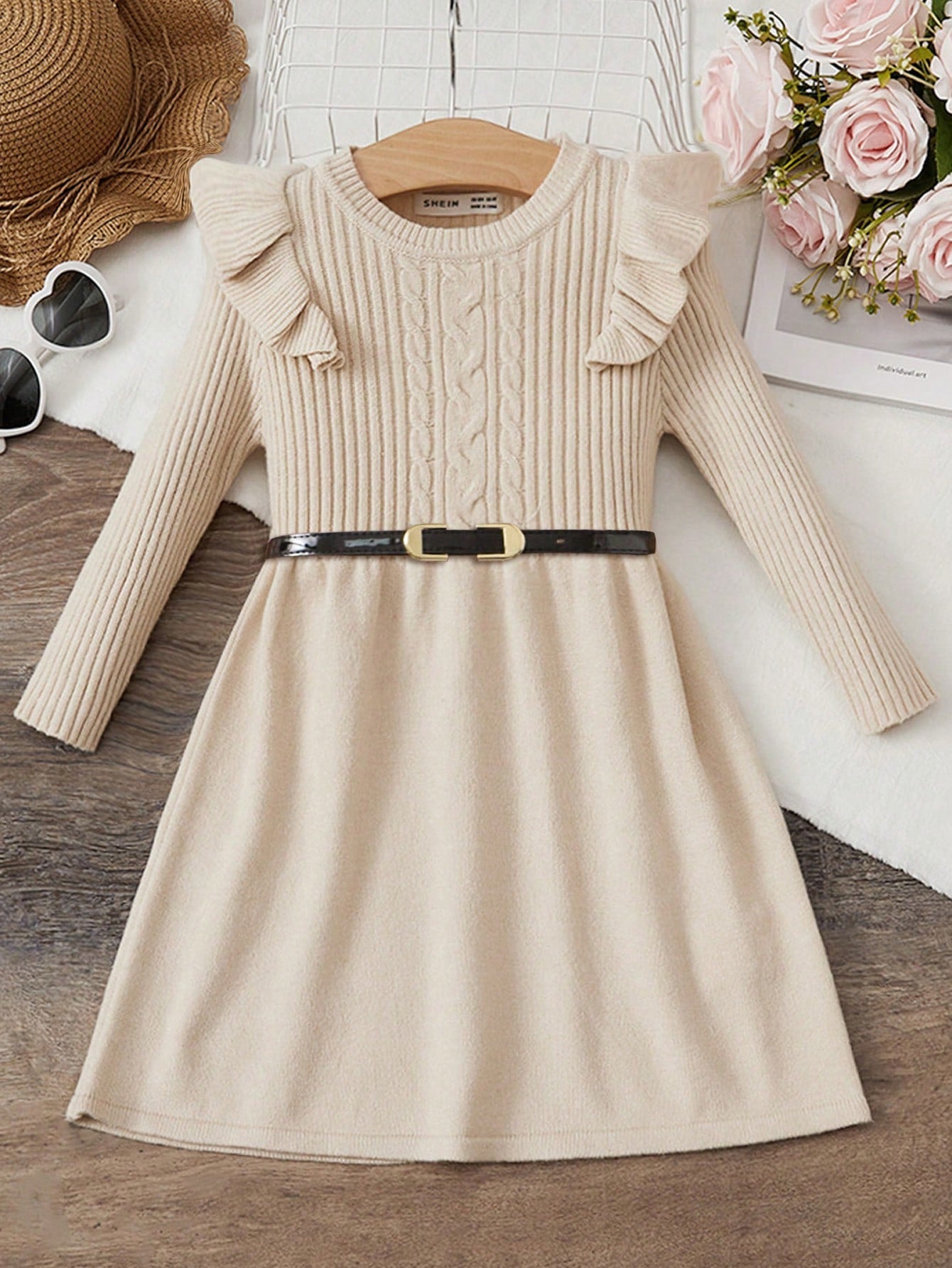 Young Girl Ruffle Trim Sweater Dress Without Belt