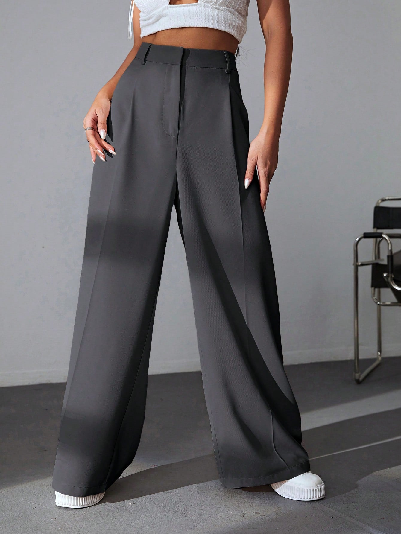 Solid Wide Leg Dress Pants