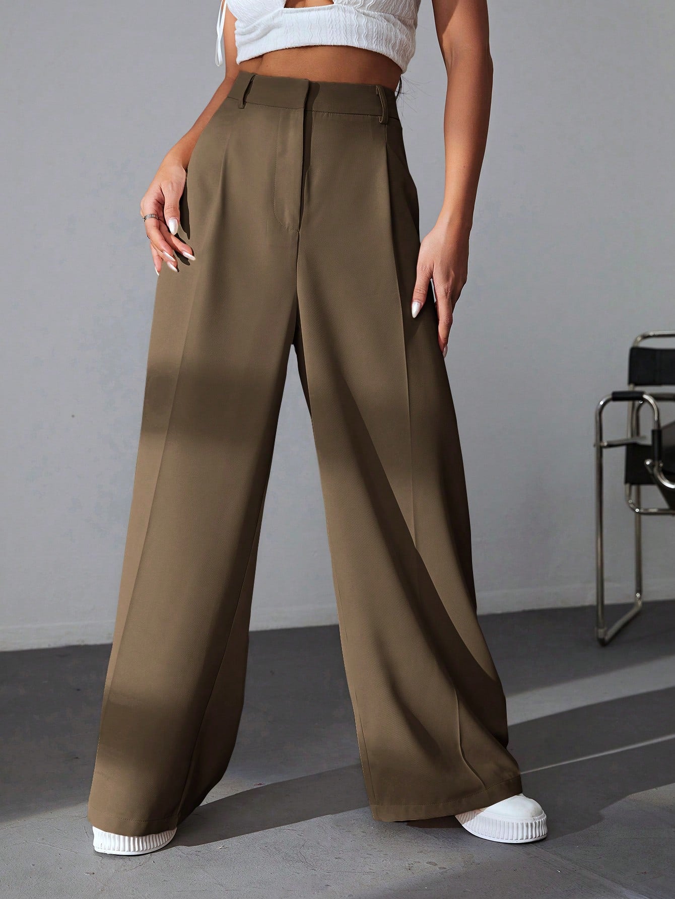 Solid Wide Leg Dress Pants