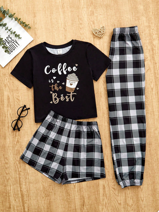 Tween Girl Coffee & Slogan Graphic Tee & Plaid Shorts & Pants PJ Set