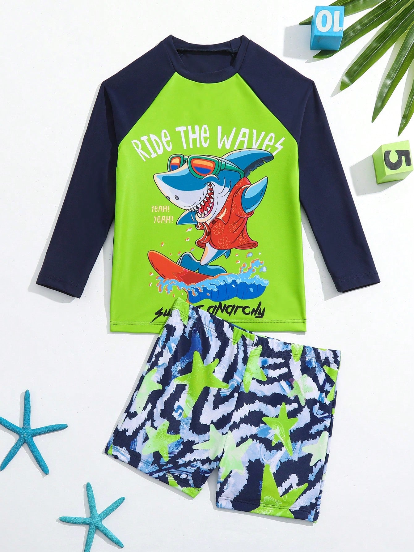 Young Boy Shark & Letter Graphic High Neck Beach Swimsuit