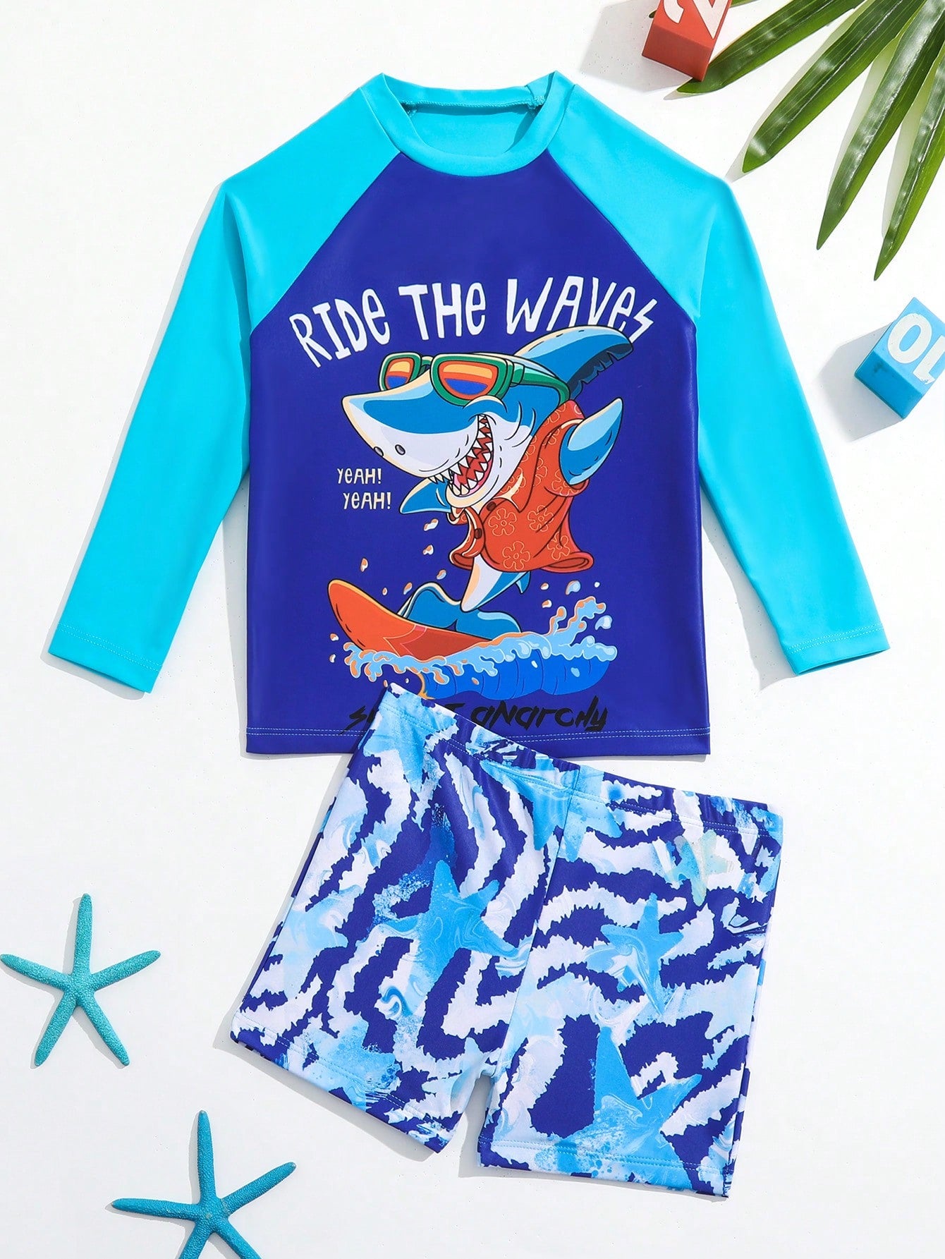 Young Boy Cartoon Shark Print Beach Swimsuit