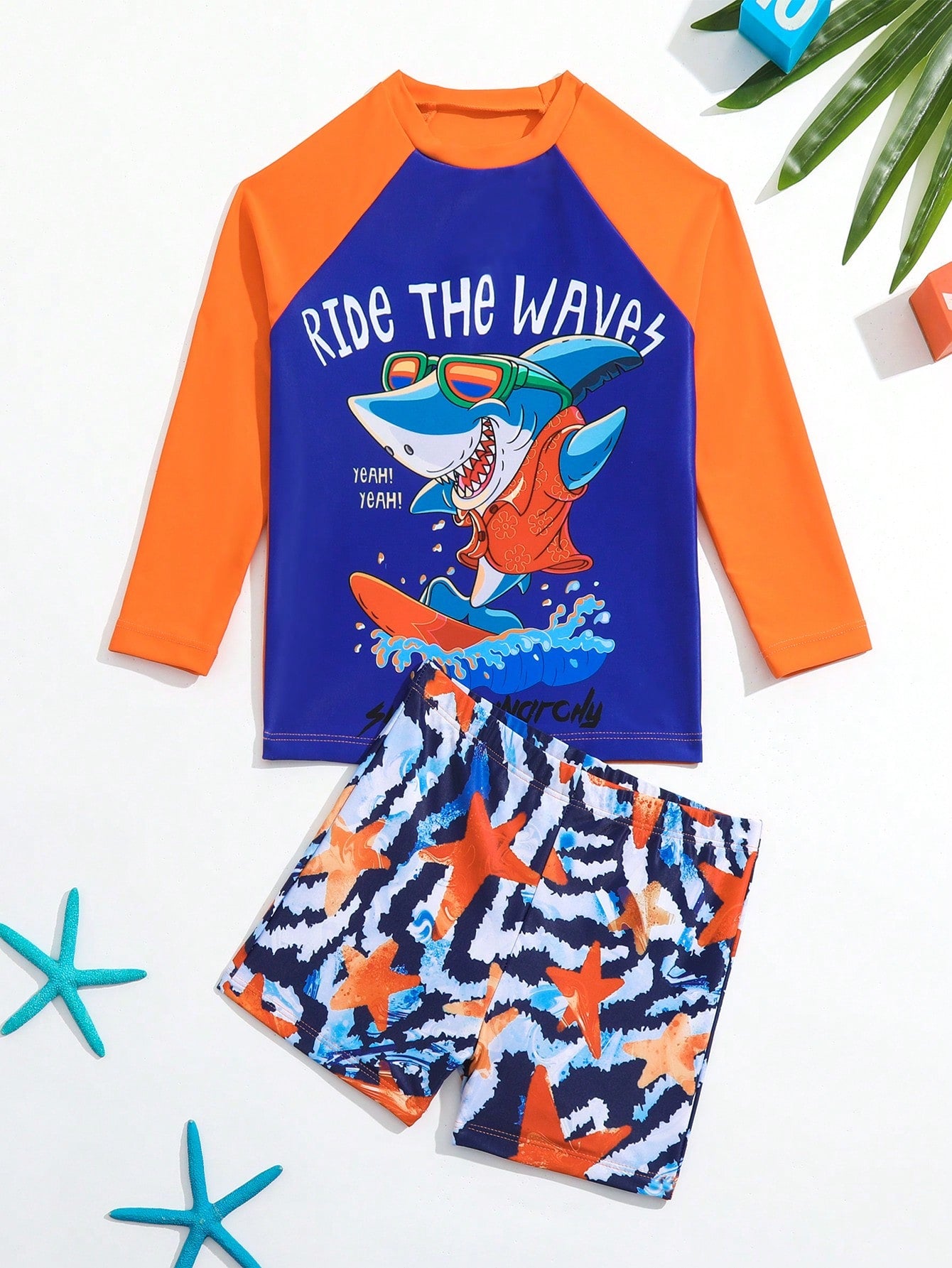 Young Boy Cartoon Shark Print Beach Swimsuit