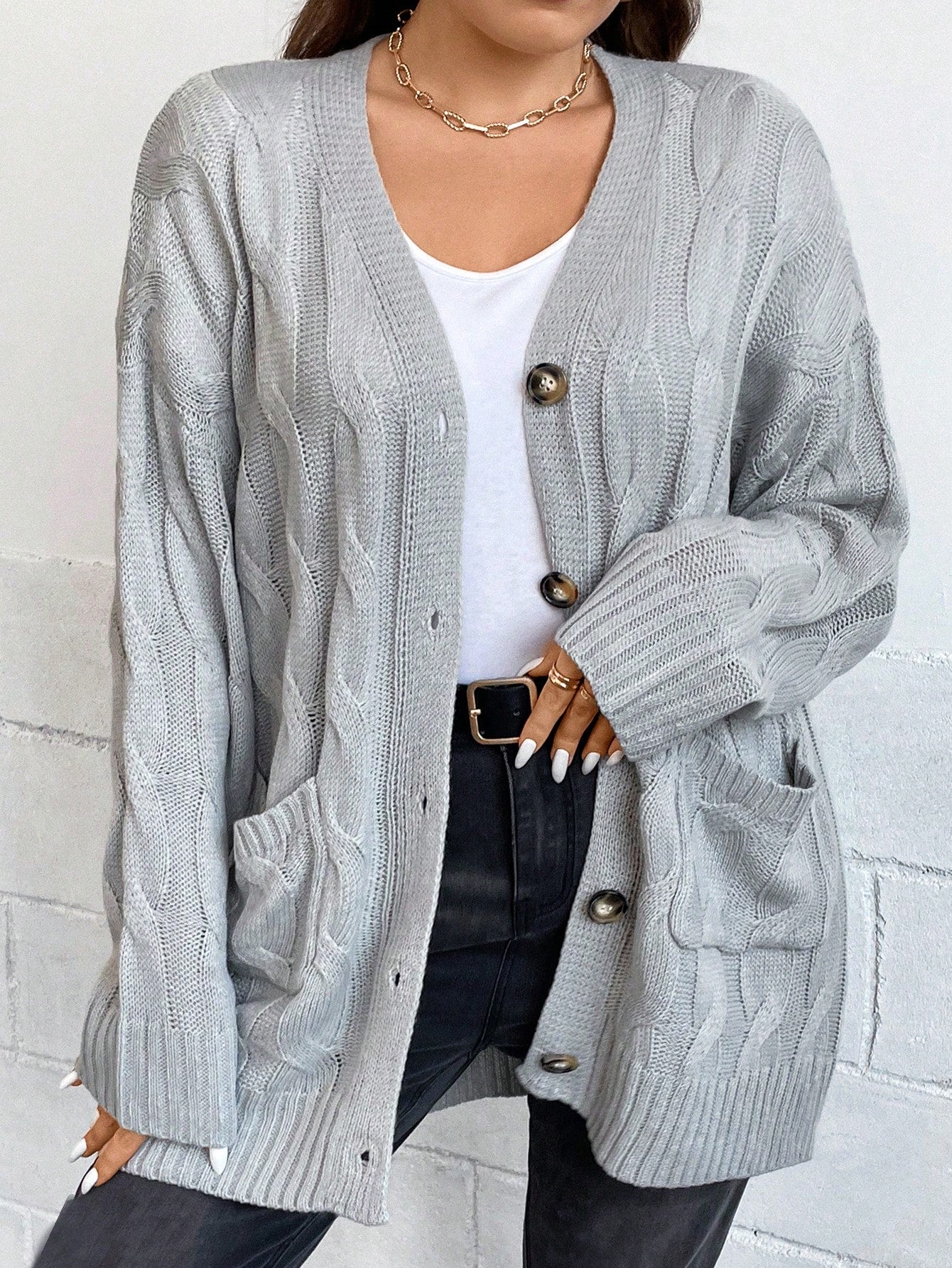 Plus Drop Shoulder Pocket Patched Cardigan