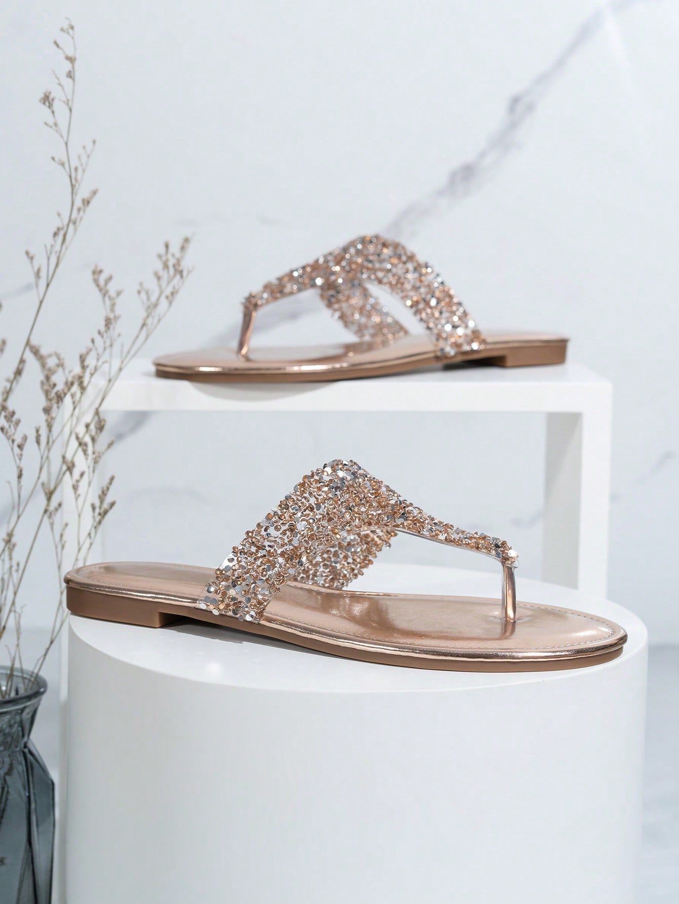 Women's Casual Elegant Fashionable Champagne-Colored Flat Sandals With Glass Rhinestones