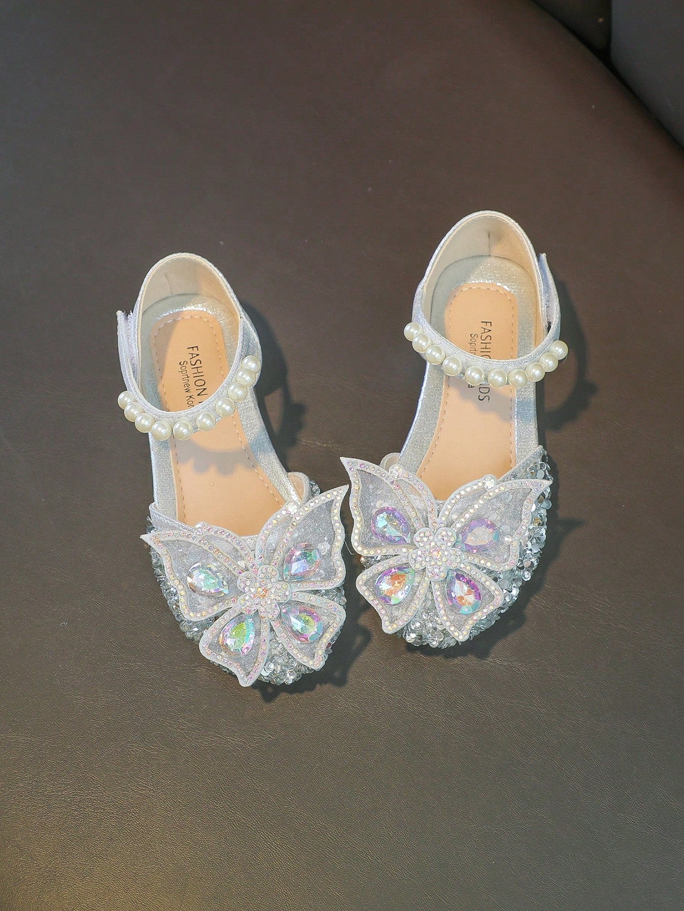 Children Flat Shoes With Rhinestone Bow Embellishment And Glittering Details