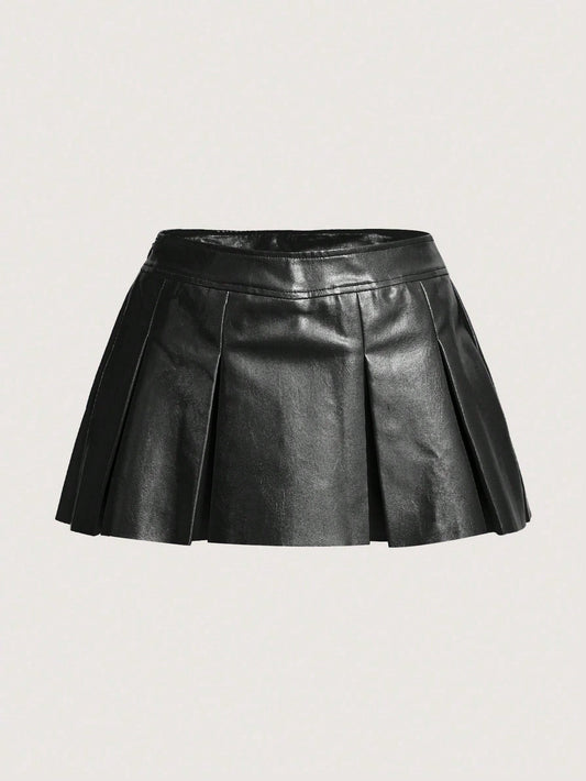 X Antonella Solid PU Leather Pleated Skirt