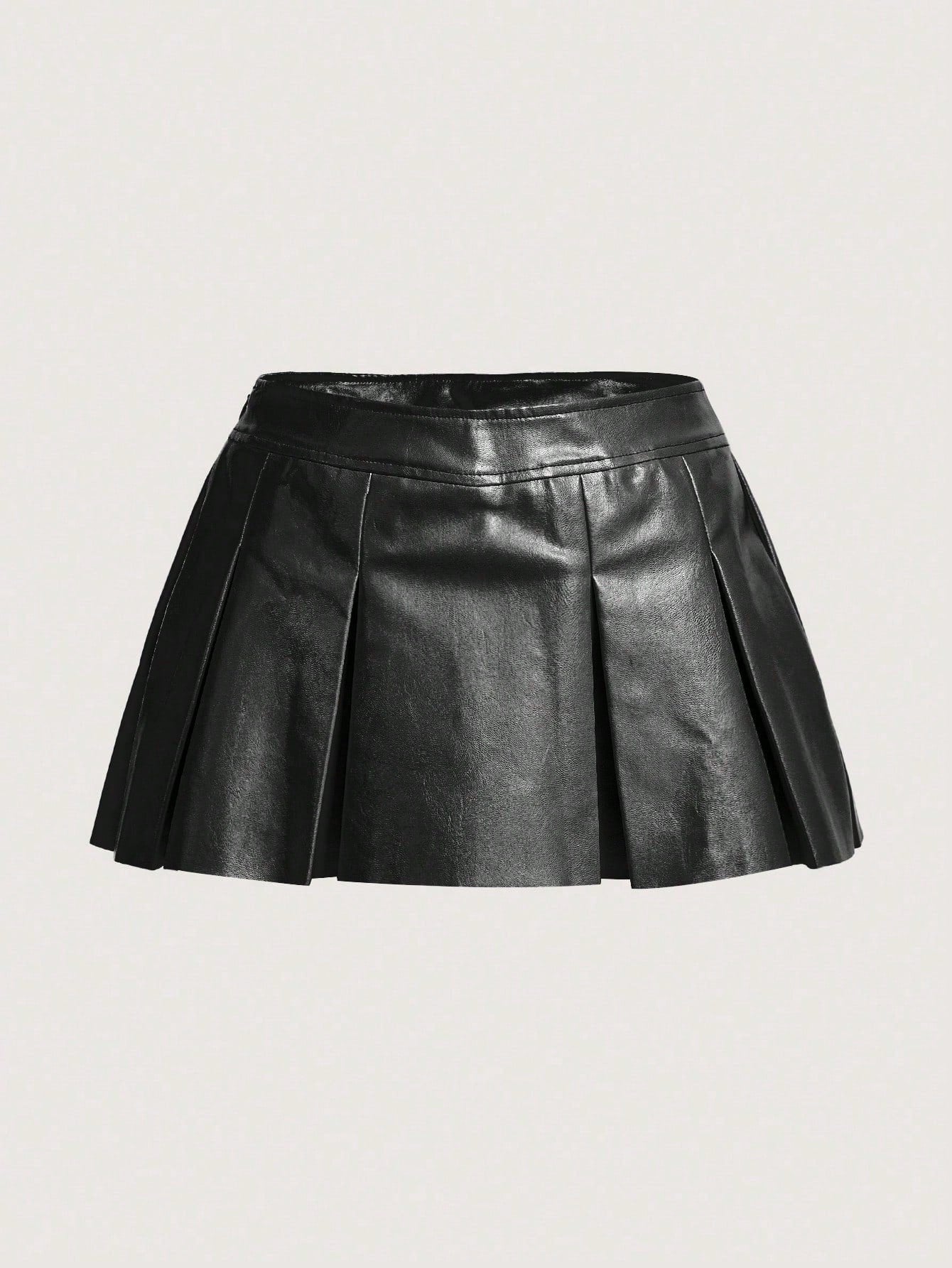 Red Solid PU Leather Pleated Mini Skirt