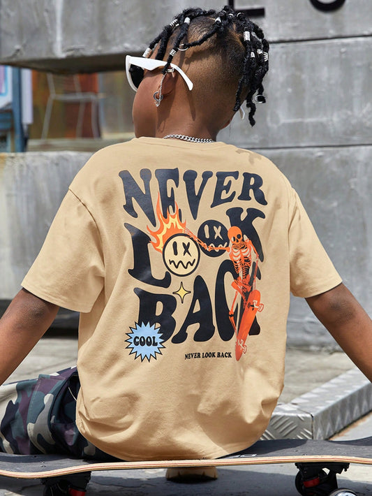 Tween Boy Slogan & Cartoon Face Print Drop Shoulder Tee