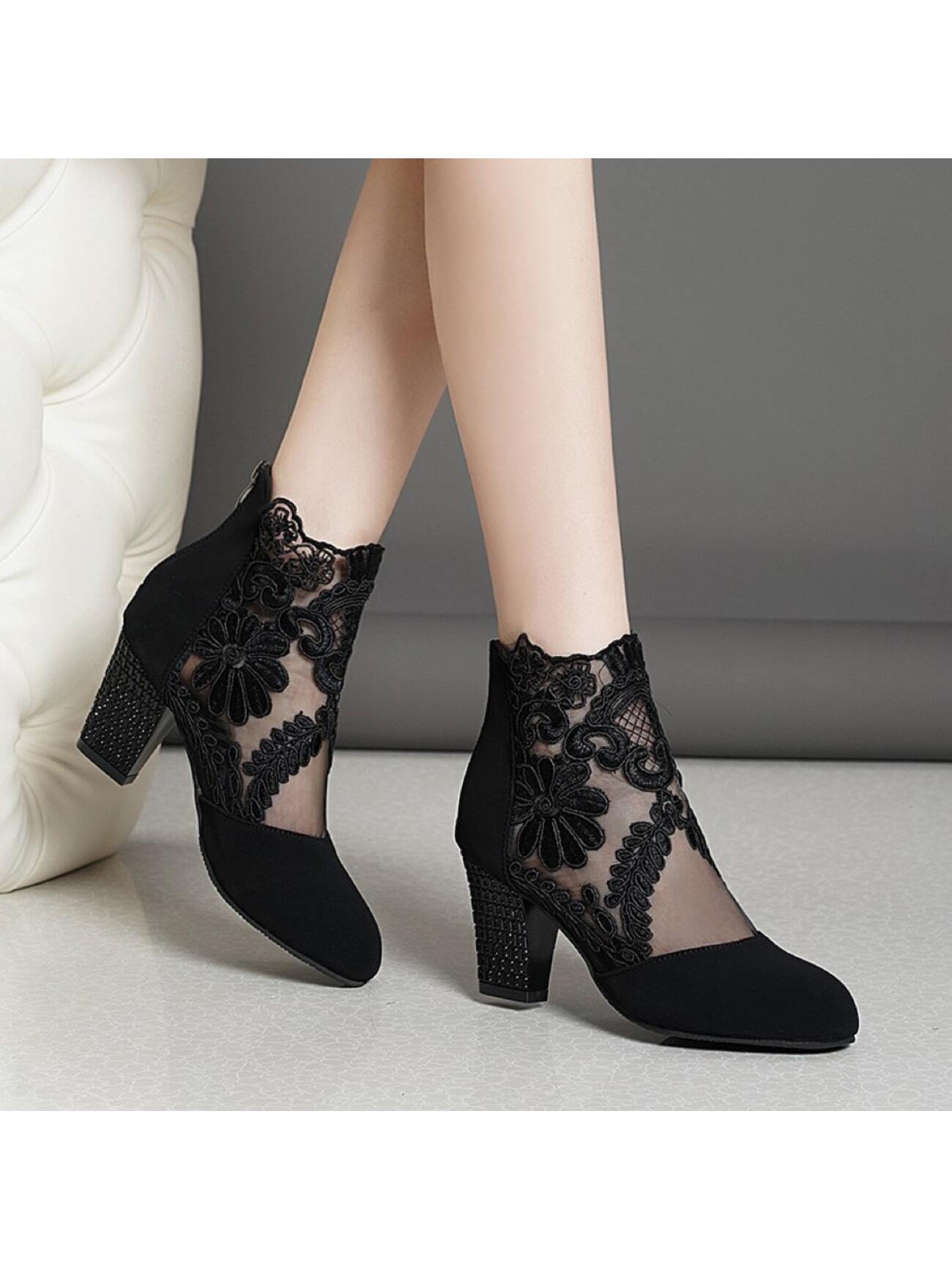 Women's Leopard Print Patchwork Embroidery High Heel Mesh Boots