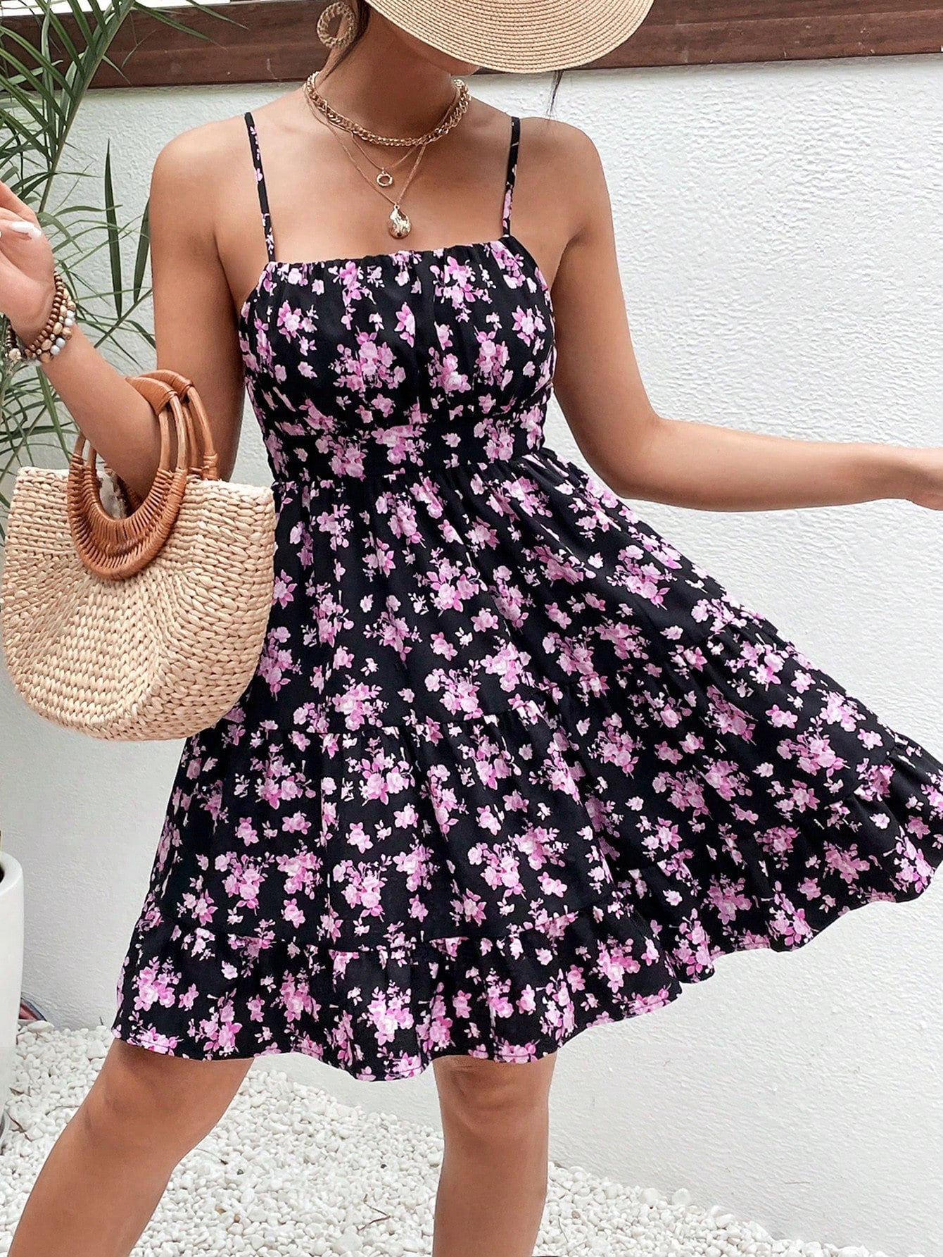 Frenchy Floral Print Ruched Bust Cami Dress Vacation Summer Short Dress Bridgerton