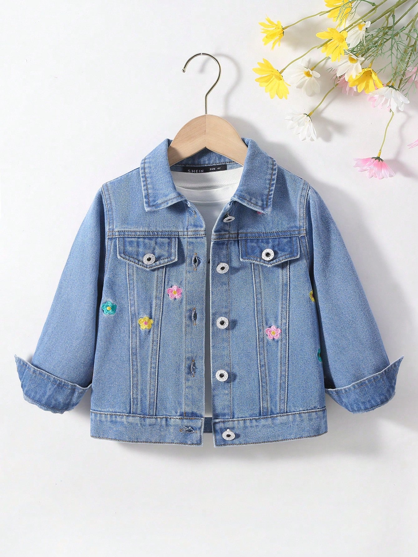 Young Girl Fashionable Flower Printed Long Sleeve Denim Jacket