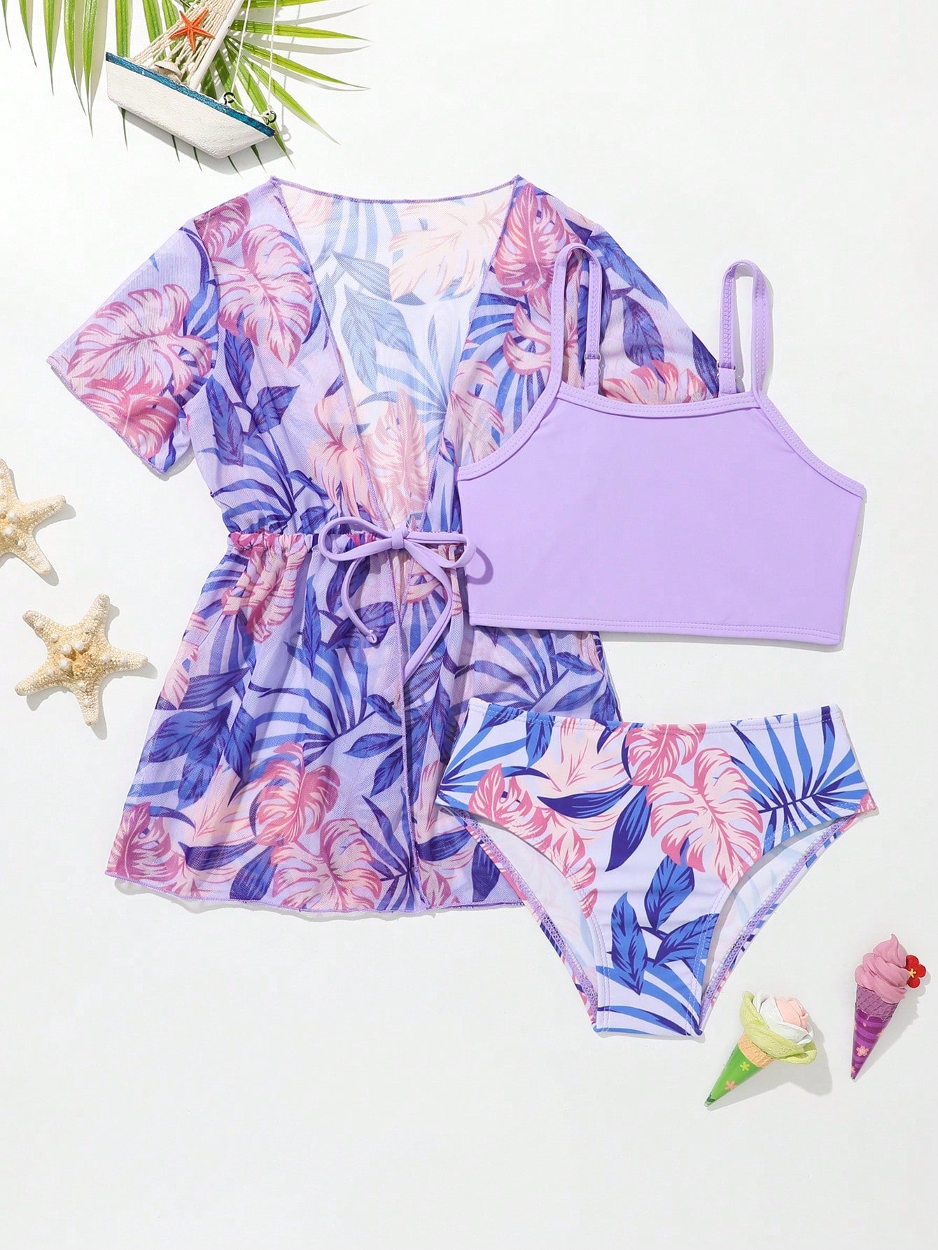 Young Girl Tropical Print Bikini Set With Kimono Summer Beach