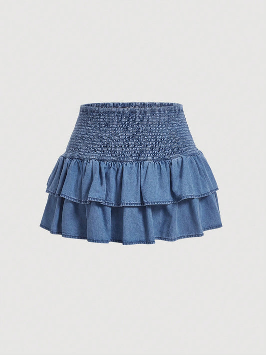 Plus Shirred Waist Layered Ruffle Hem Denim Skirt