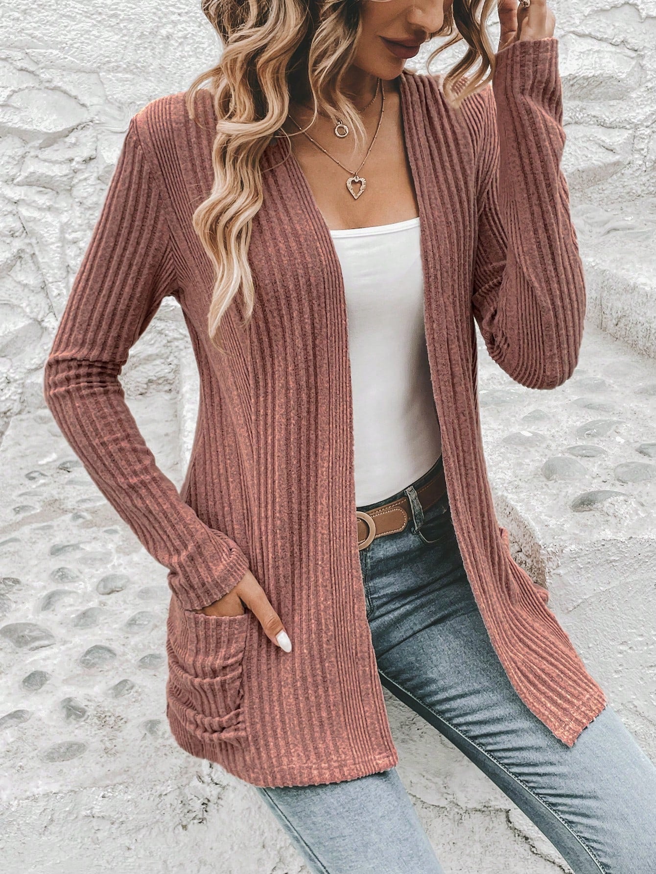 Dual Pocket Open Front Ribbed Knit Coat