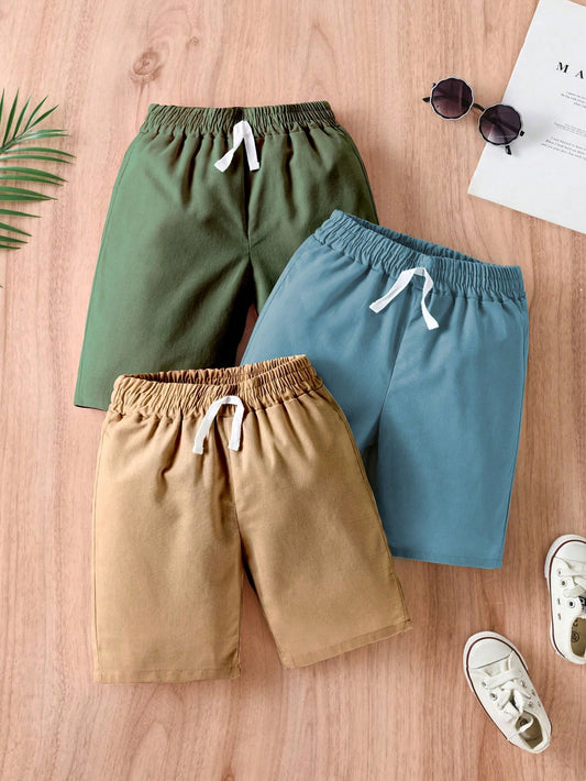 Young Boy 3pcs Solid Tie Front Shorts