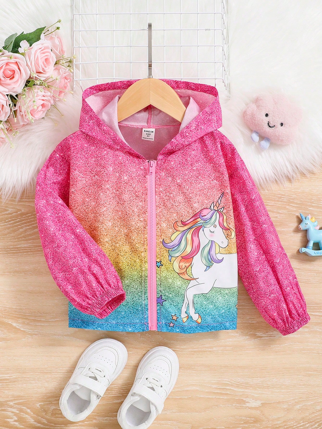 Young Girl Unicorn Print Zip Up Hooded Jacket