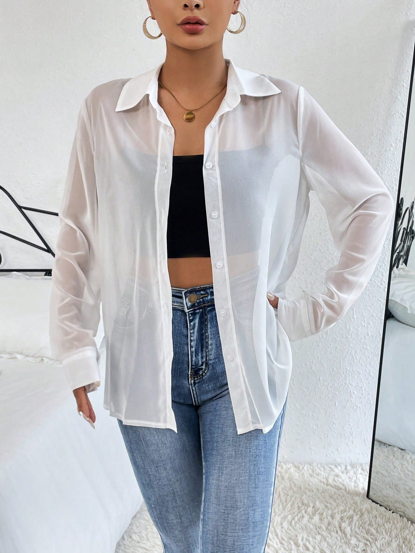 Sheer Button Front Shirt Without Bra