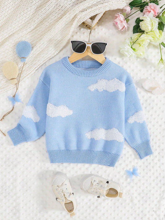 Young Girl Cloud Pattern Drop Shoulder Sweater