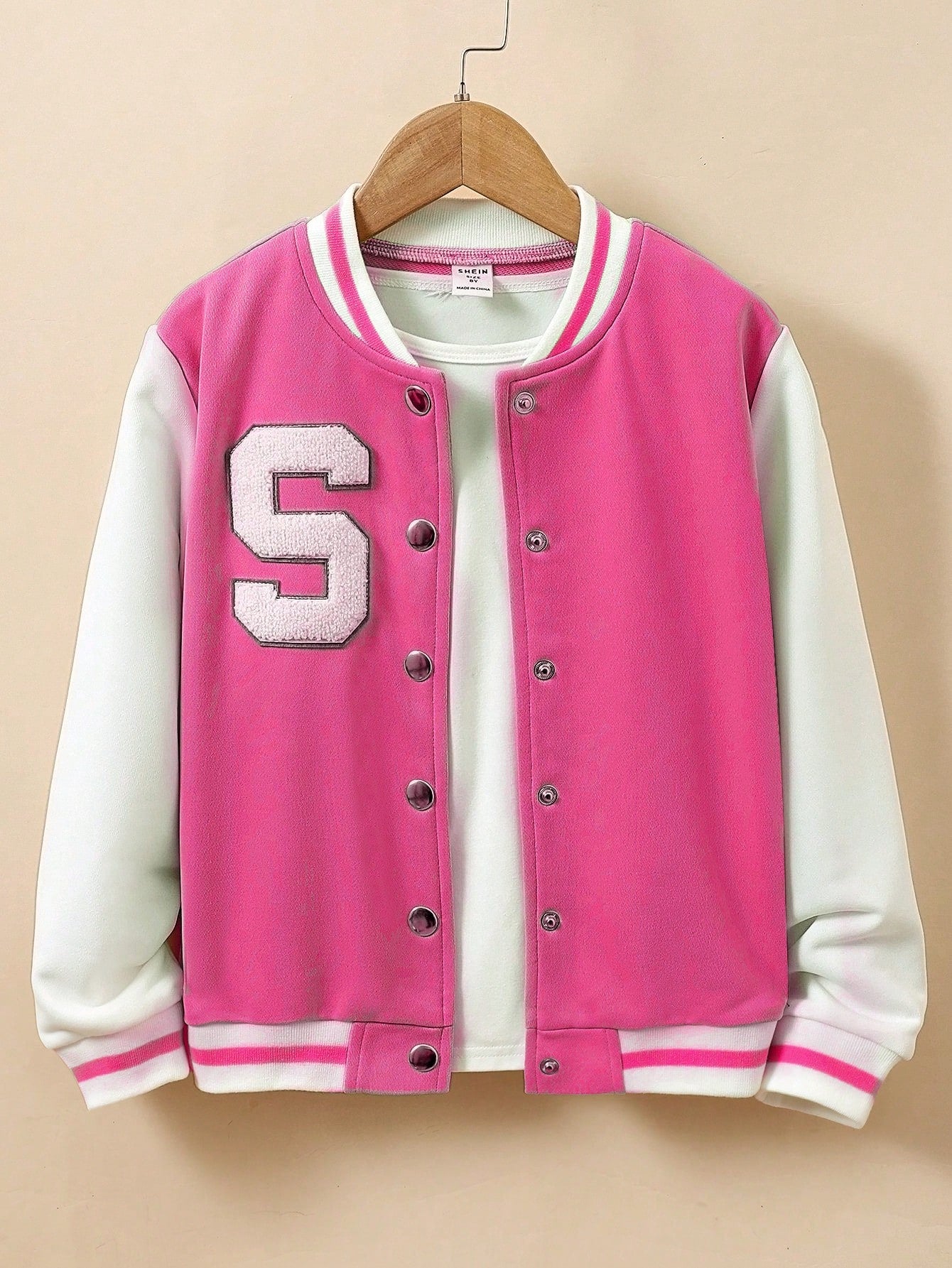 Tween Girl Letter Patched Striped Trim Varsity Jacket Without Tee