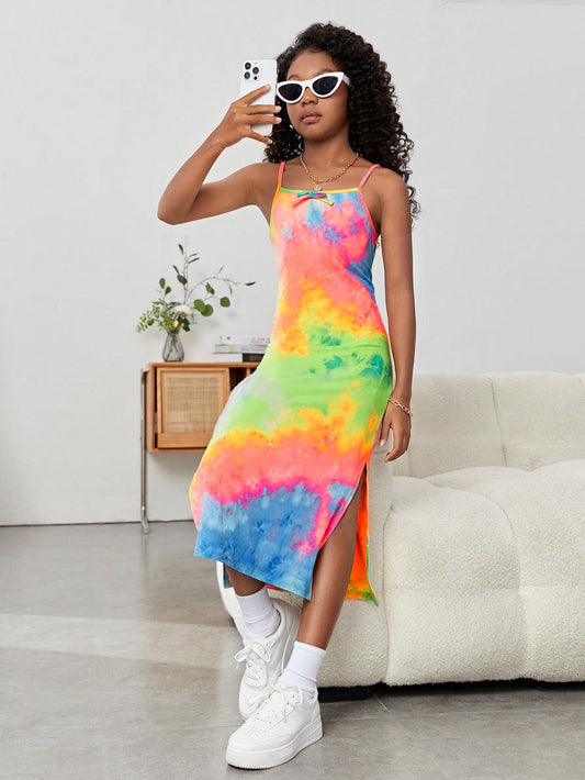 Knitted Casual Dress For Tween Girls, Tie-Dye Print, High Side Split, Strap, Beachwear