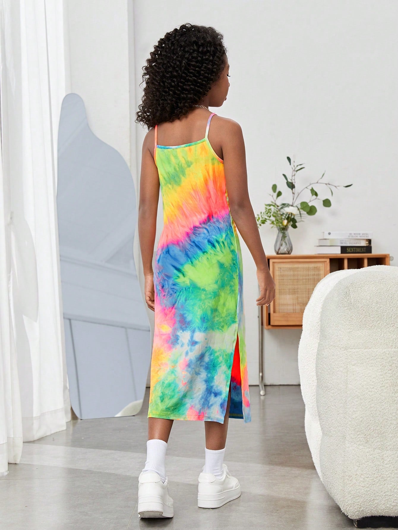 Knitted Casual Dress For Tween Girls, Tie-Dye Print, High Side Split, Strap, Beachwear