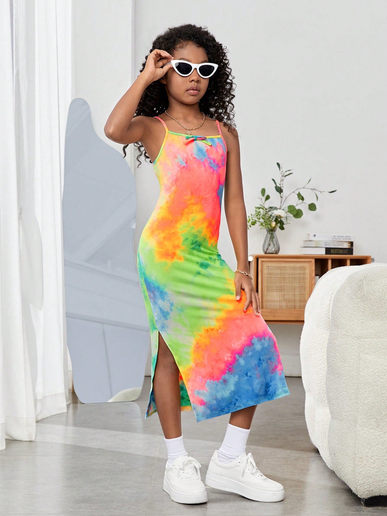 Knitted Casual Dress For Tween Girls, Tie-Dye Print, High Side Split, Strap, Beachwear