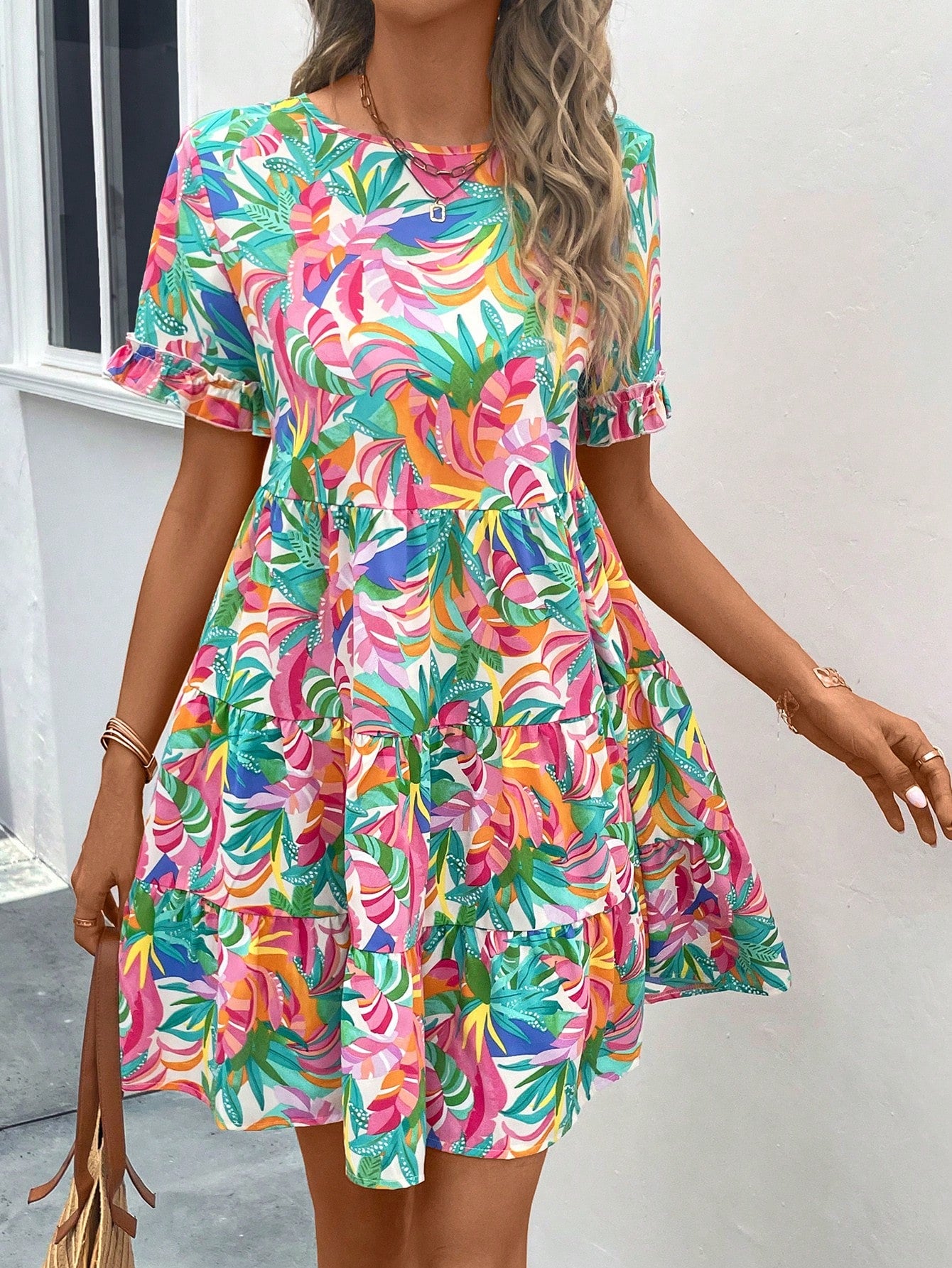 Allover Print Ruffle Hem Smock Dress