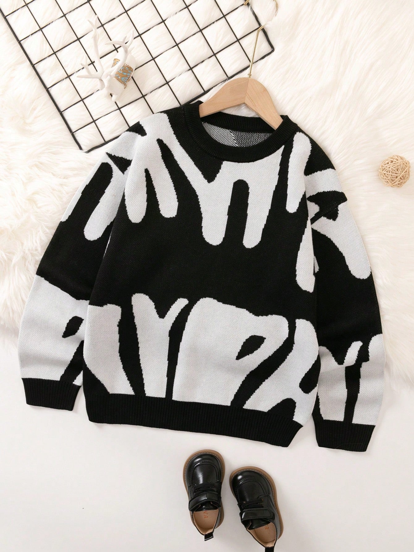 Casual Street Style Contrast Color Printed Tween Boys' Crewneck Pullover Sweater