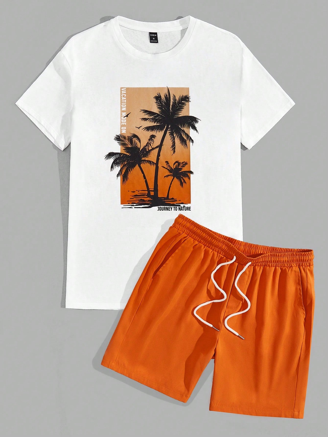 Men Tropical Print Tee & Drawstring Waist Shorts