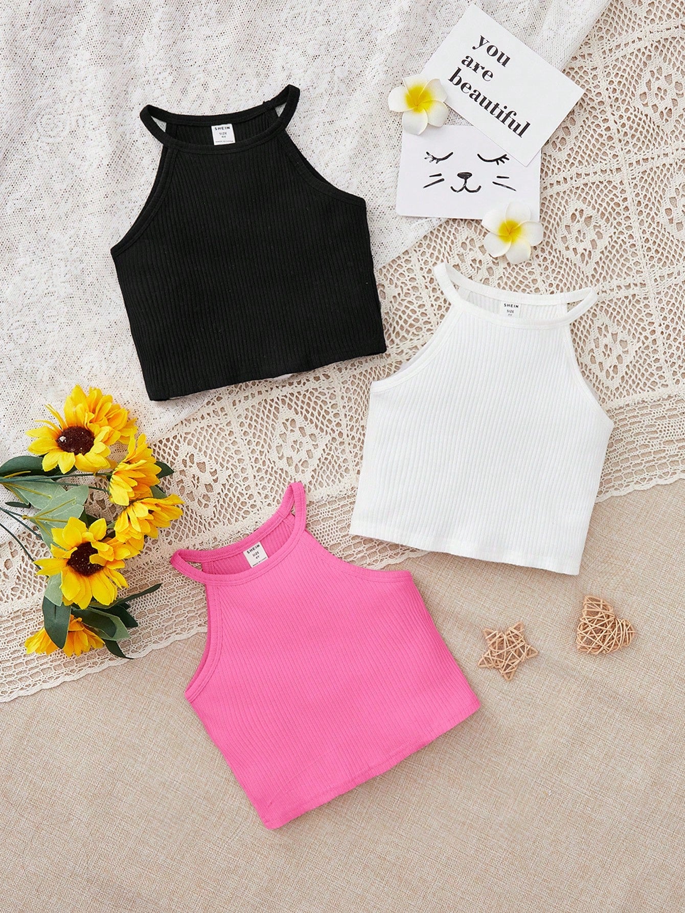 Young Girl 3pcs Ribbed Knit Halter Top