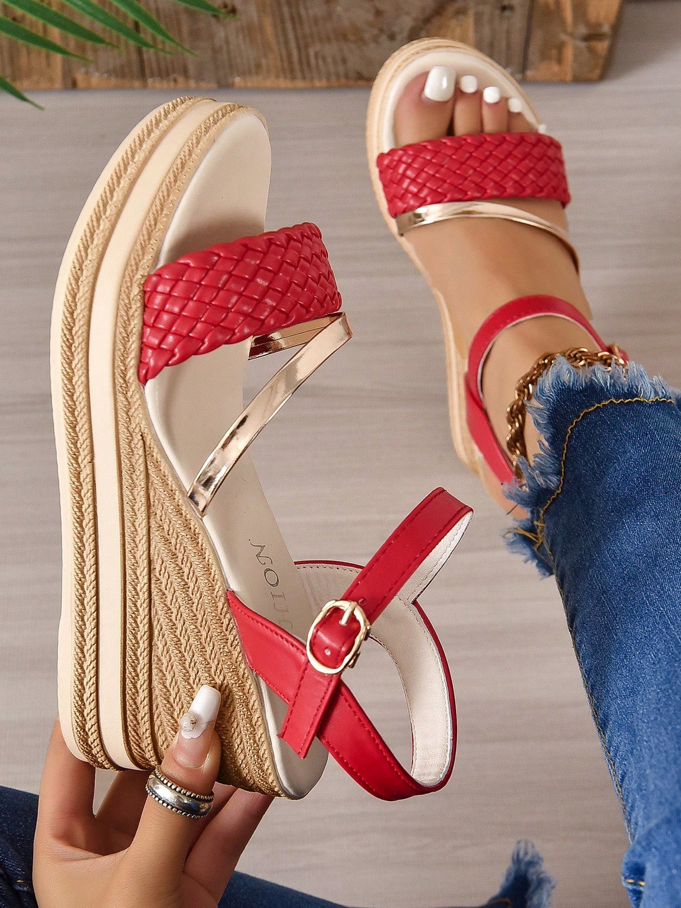 Women Metallic Buckle Decor Wedge Sandals, Glamorous Outdoor Ankle Strap Sandals