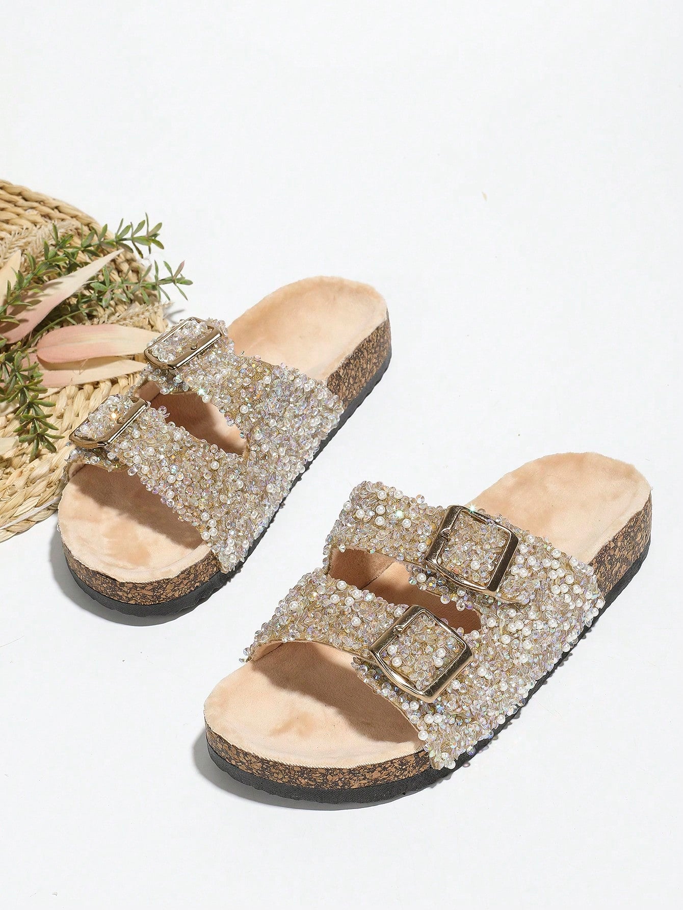 New Arrival Black Glass Diamond Glitter Fluffy Flat Slippers, Slide Sandals With Water-Resistant Buckle, Women's Flat Beach Shoes