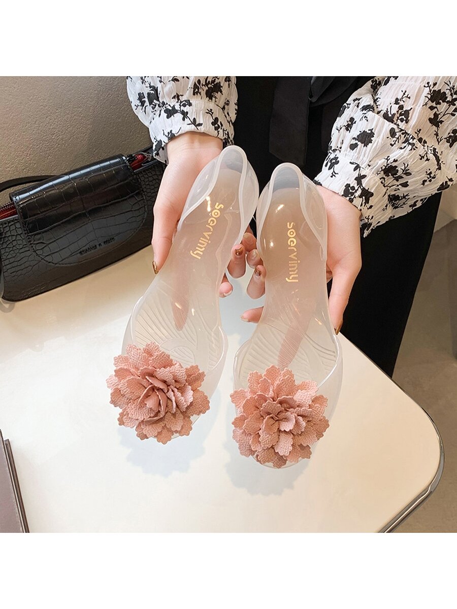 Women's Jelly Sandals With Flower Design And Peep Toe Clear Plastic Slip-Resistant Flat Shoes, Spring/Summer New Arrivals, Korean Style Fashion Casual Shoes