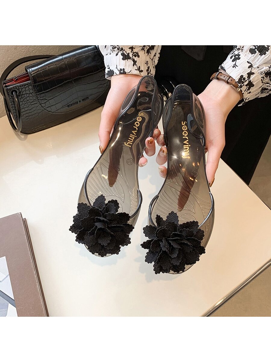 Women's Jelly Sandals With Flower Design And Peep Toe Clear Plastic Slip-Resistant Flat Shoes, Spring/Summer New Arrivals, Korean Style Fashion Casual Shoes