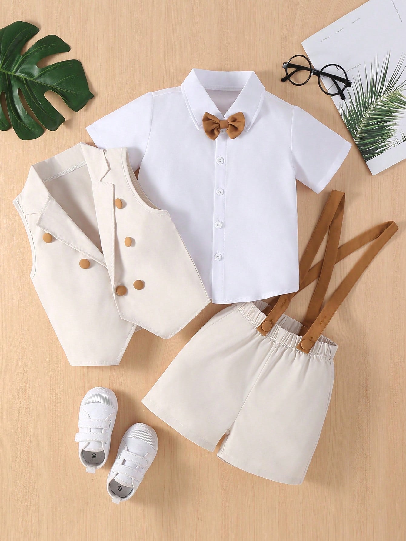 Young Boy Bow Front Shirt & Vest Blazer & Suspender Shorts