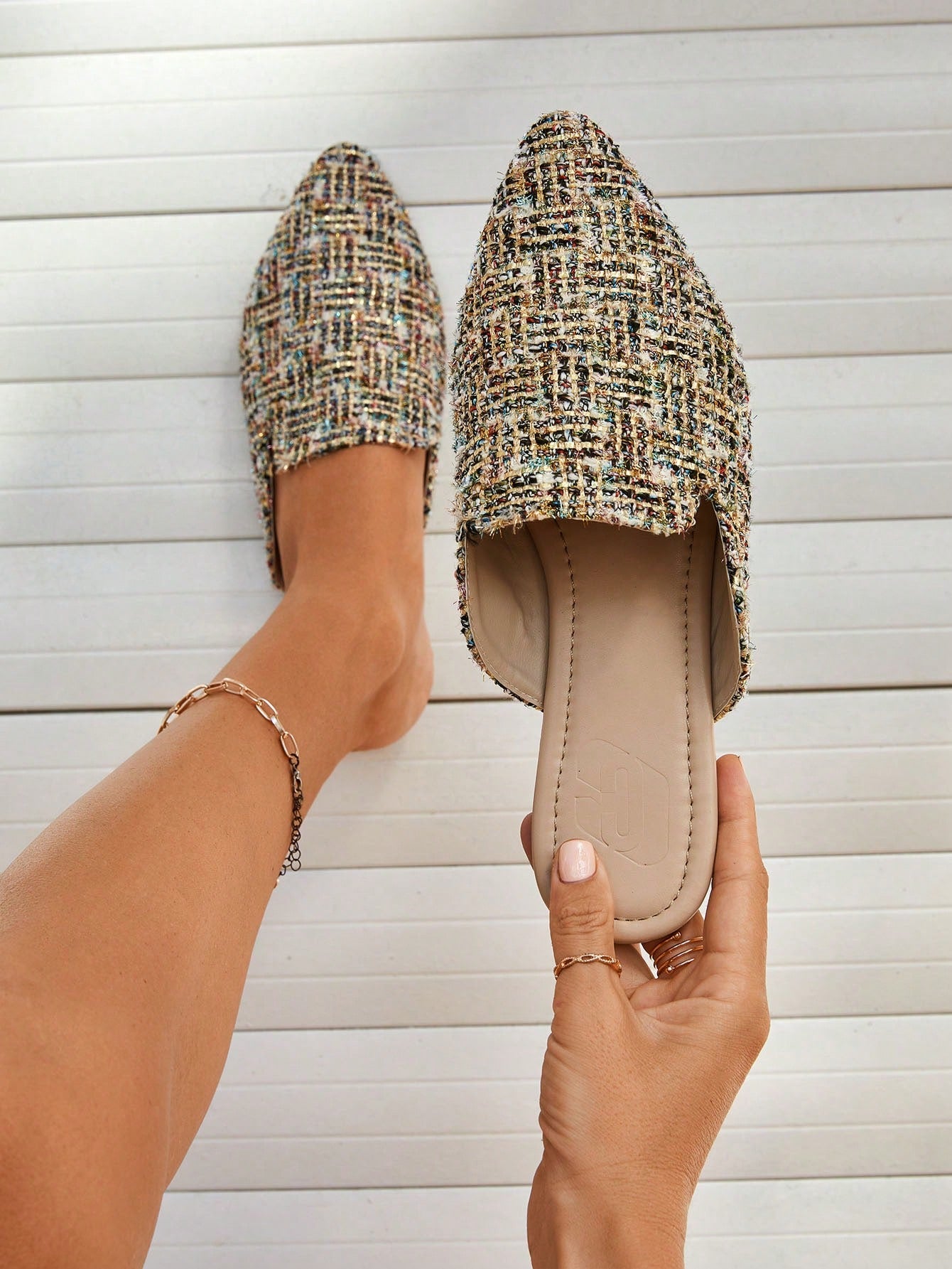 CHICEST Woman Shoes Point Toe Plaid Pattern Elegant Tweed Mules Flats For Summer Vacation Shoes Summer Sale Halloween