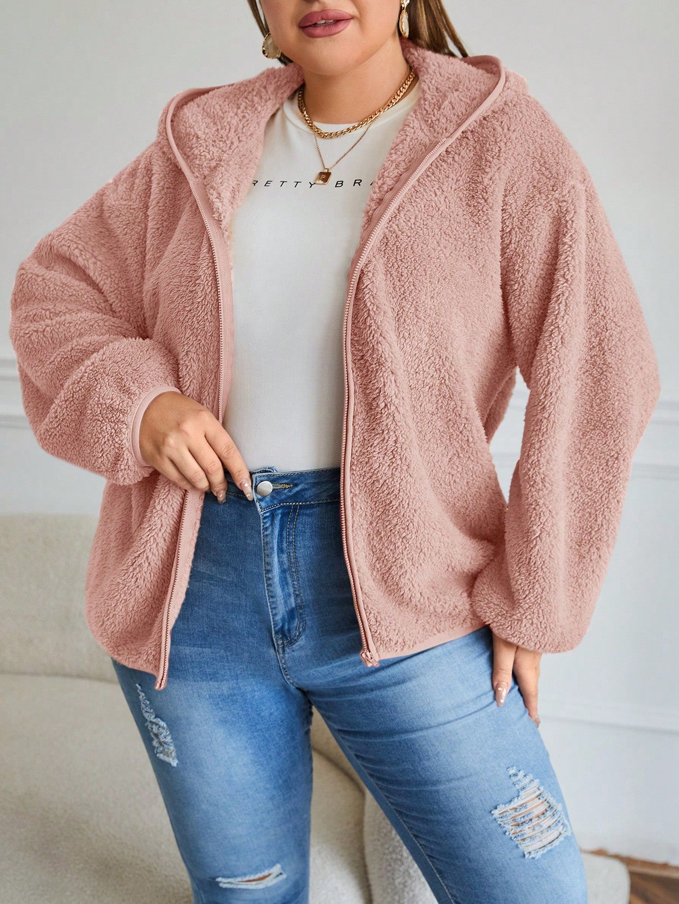 Plus Drop Shoulder Hooded Teddy Jacket