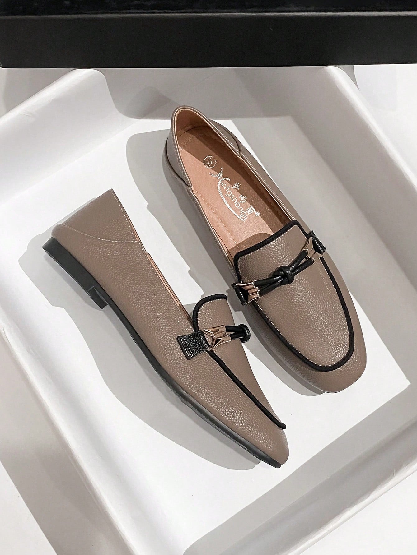 Women Knot Decor Square Toe Loafer Flats, Elegant Beige Color Block Flat Shoes