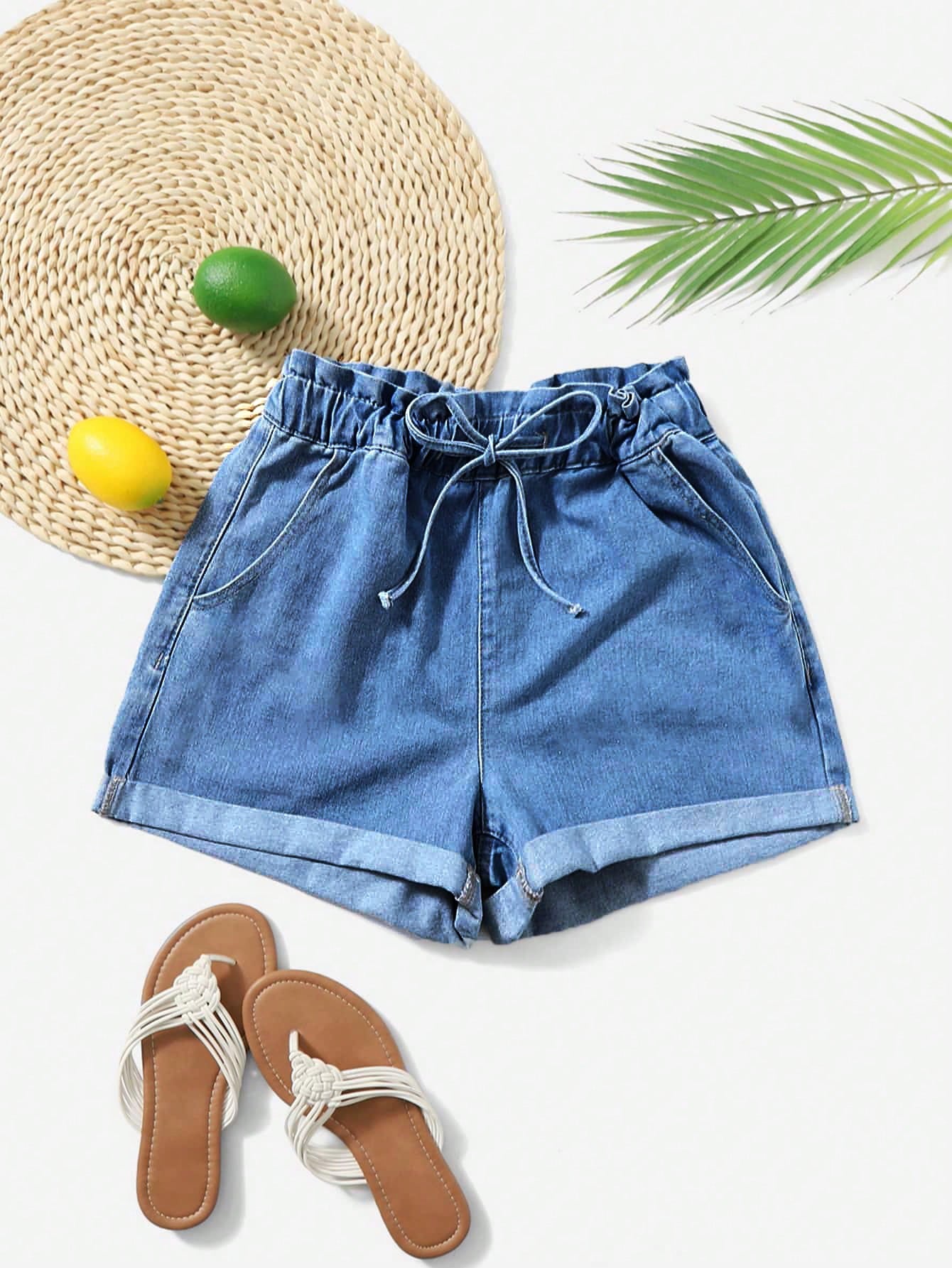 Paperbag Waist Roll Hem Denim Shorts