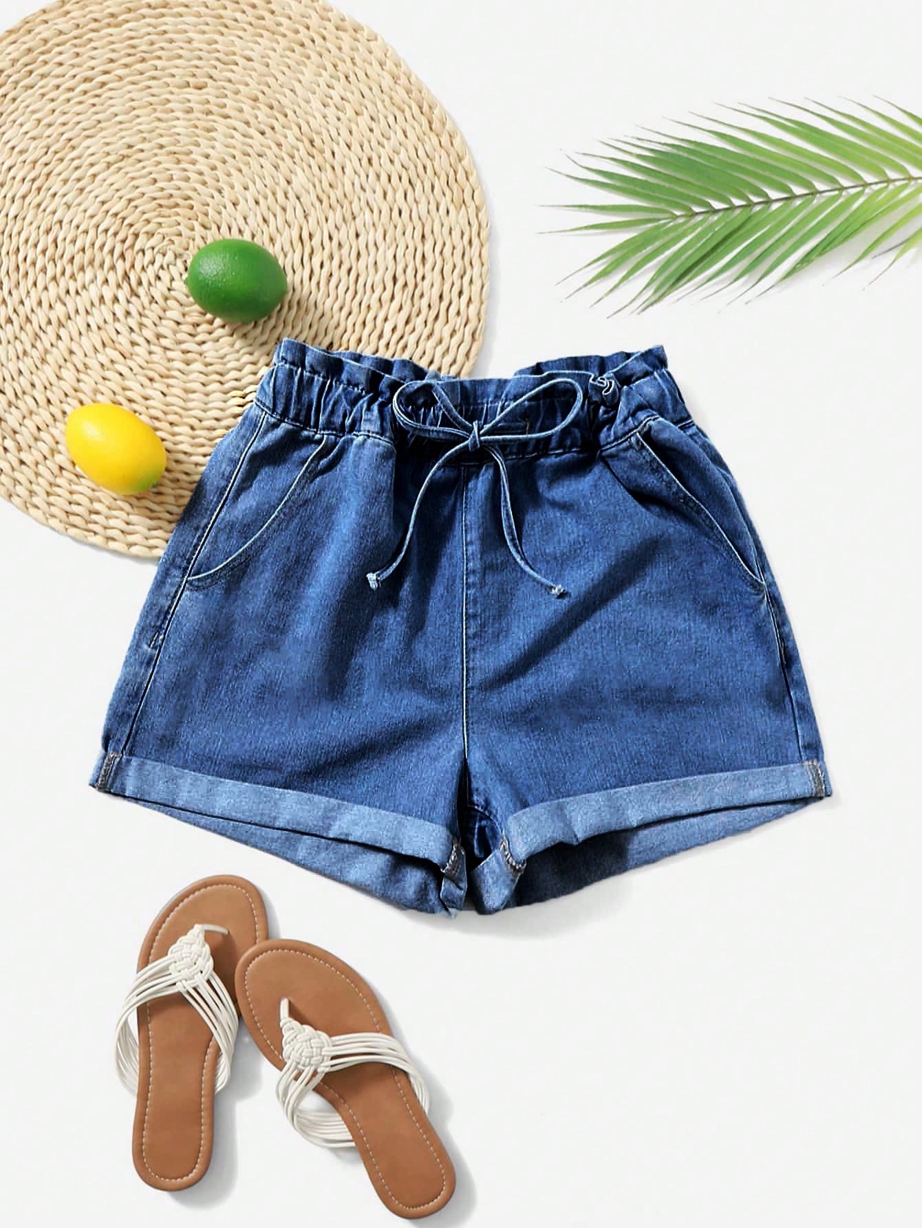 Paperbag Waist Roll Hem Denim Shorts