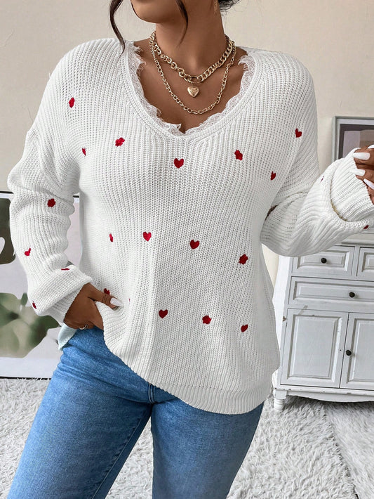 Plus Heart Embroidery Eyelash Lace Trim Drop Shoulder Sweater