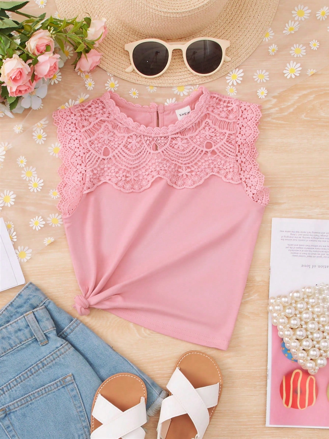 Young Girl Guipure Lace Panel Keyhole Back Tank Top