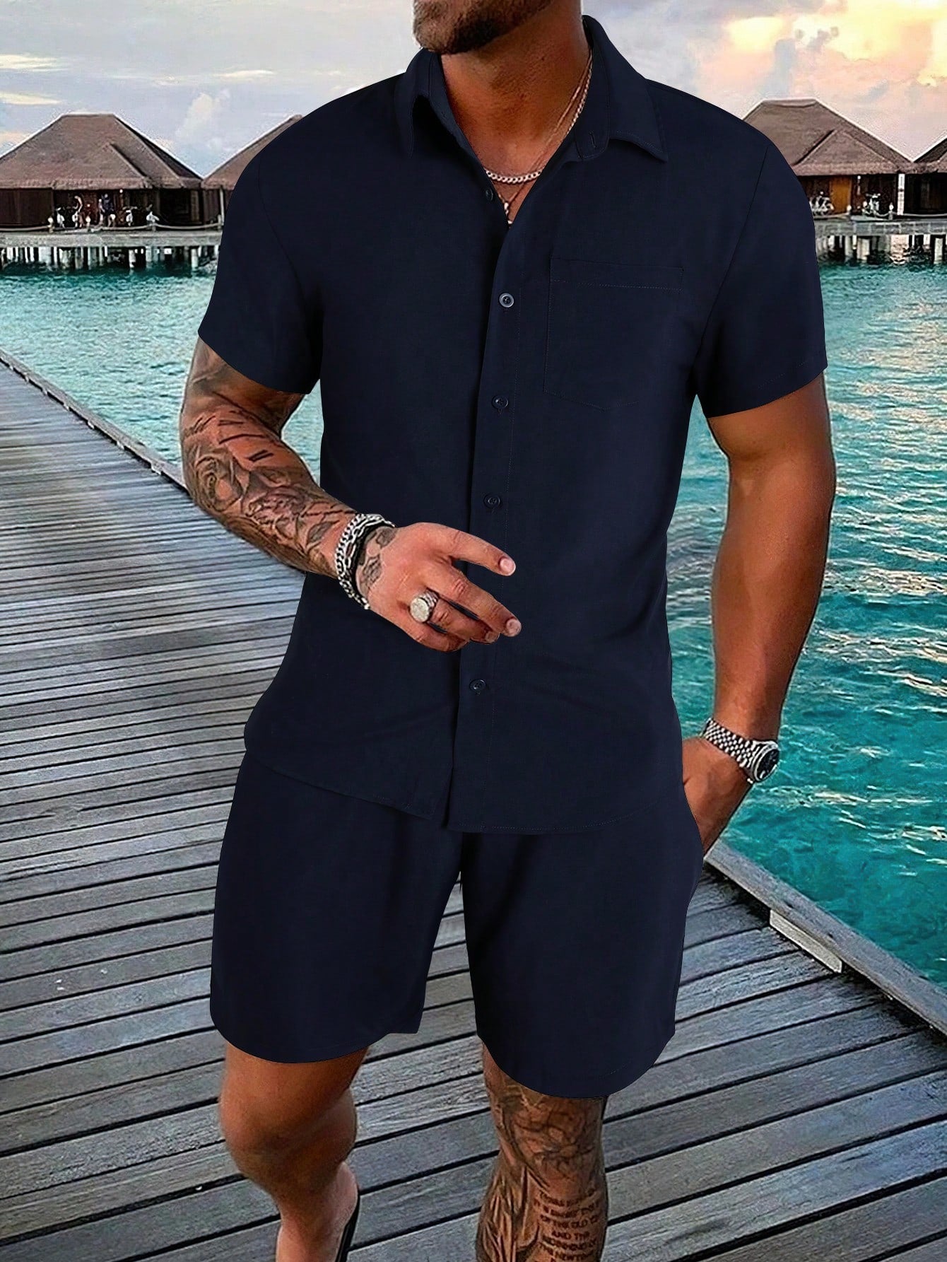 Men's Loose Fit One Pocket Front Shirt & Shorts Set (T-Shirt Not Included)