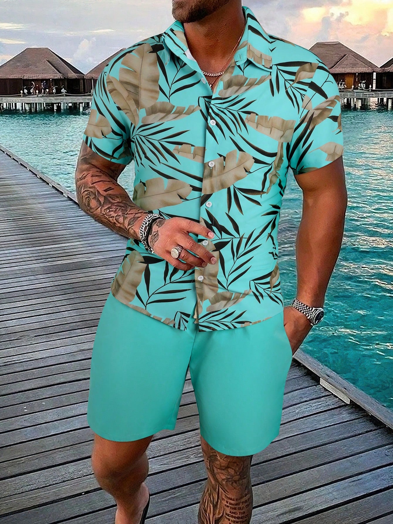 Men Tropical Print Shirt & Shorts