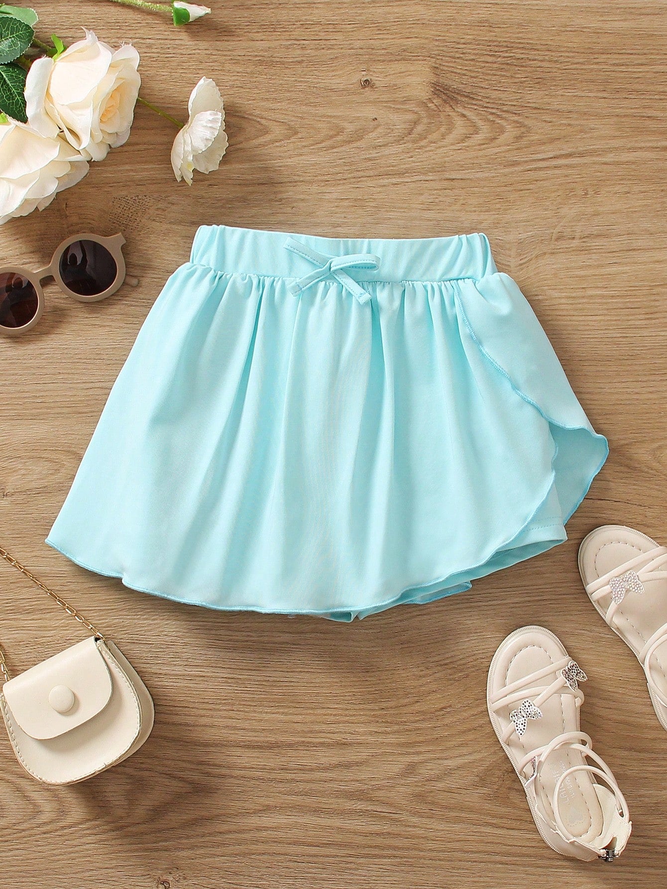 Young Girls' Solid Color Pleated Skirt With Waist Bow Decoration