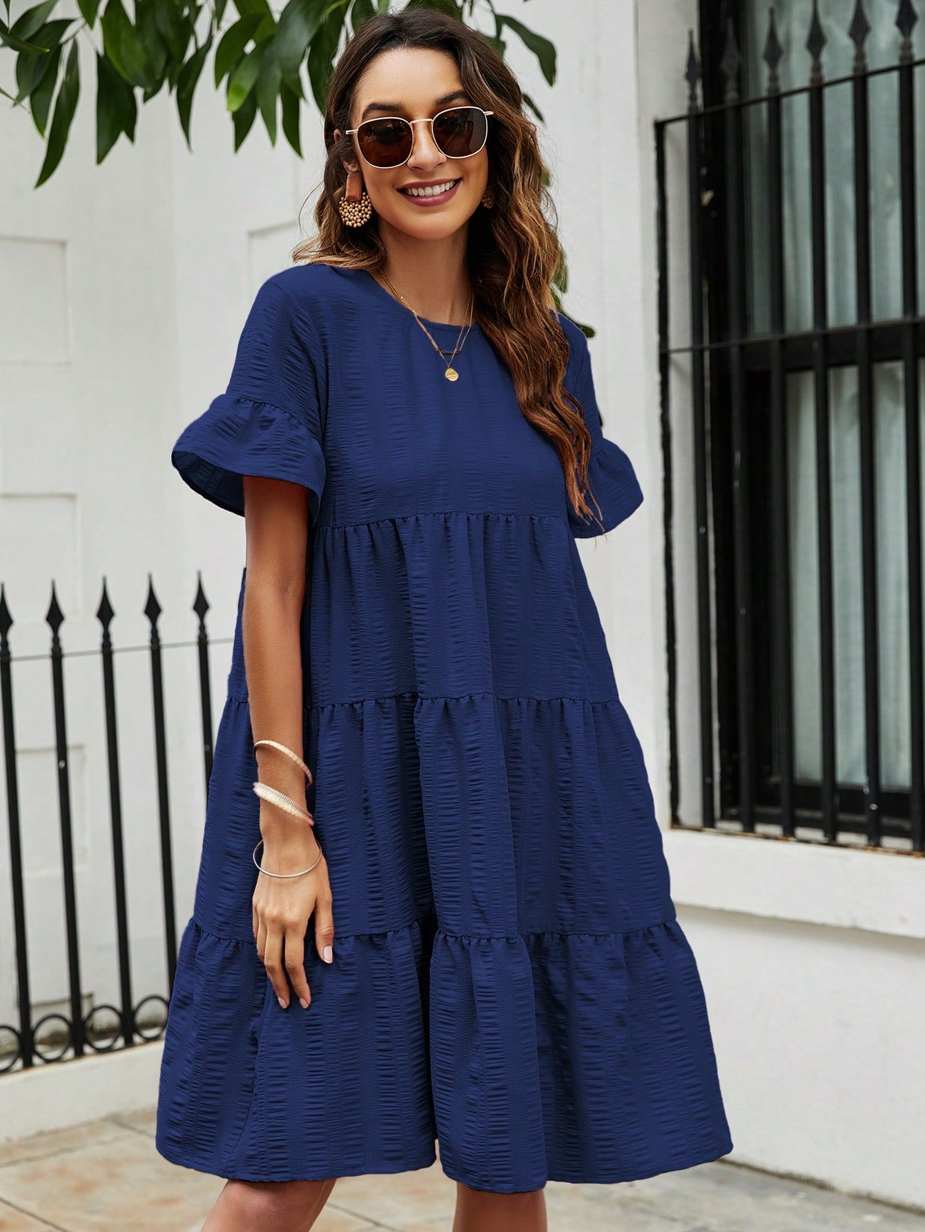 Flare Sleeve Ruffle Hem Smock Dress