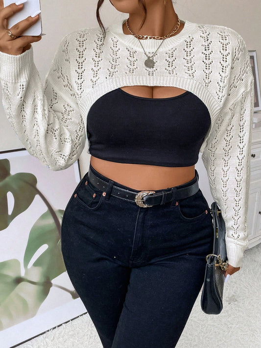 Plus Drop Shoulder Pointelle Knit Super Crop Sweater Without Cami Top