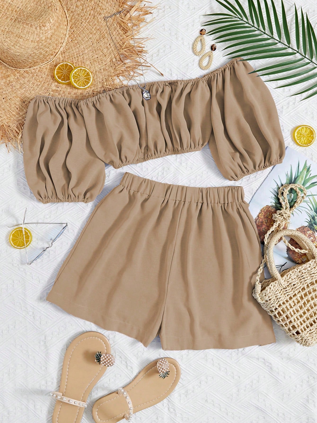 Off Shoulder Puff Sleeve Crop Top & Shorts